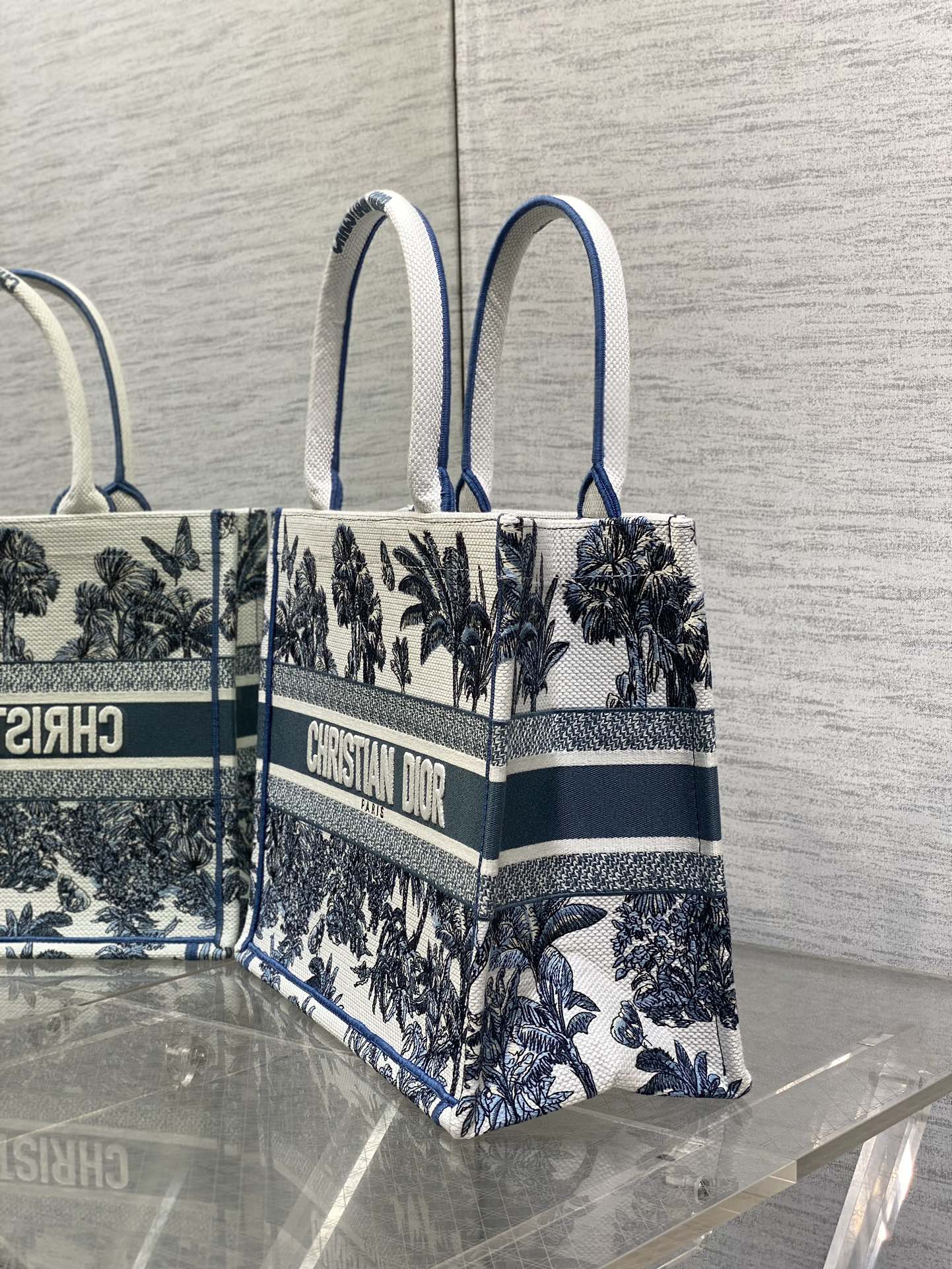 CD Medium Dior Book Tote Tropical Pattern Slate Blue White Cotton