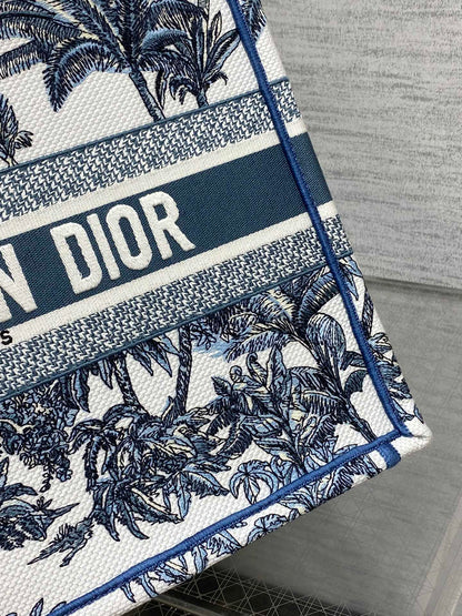 CD Medium Dior Book Tote Tropical Pattern Slate Blue White Cotton