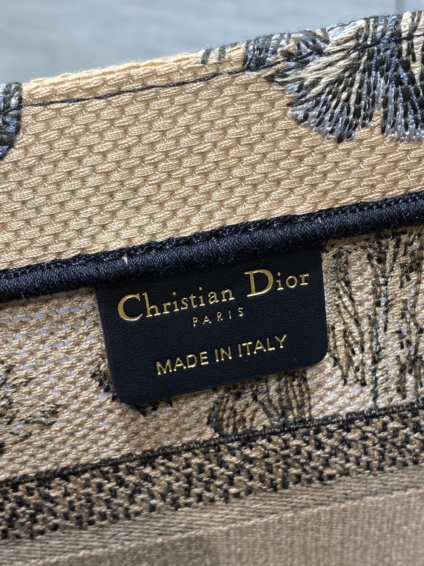 CD Small Dior Book Tote Tropical Pattern Black Beige Cotton