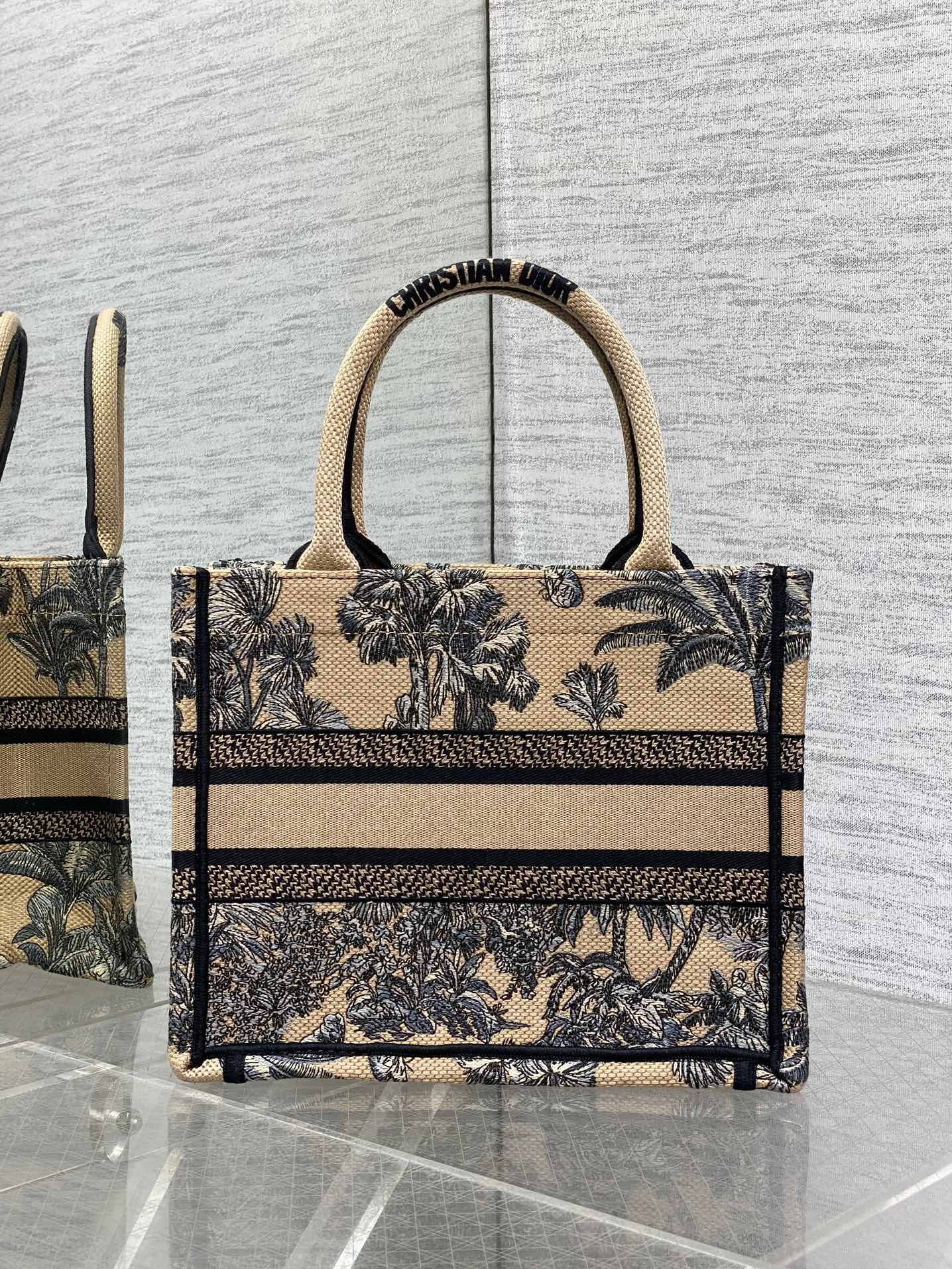 CD Small Dior Book Tote Tropical Pattern Black Beige Cotton