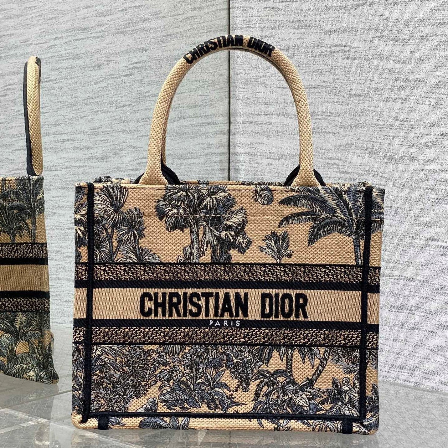 CD Small Dior Book Tote Tropical Pattern Black Beige Cotton