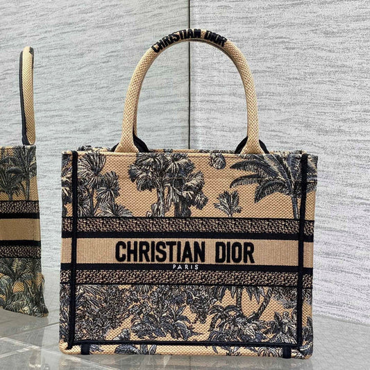 CD Small Dior Book Tote Tropical Pattern Black Beige Cotton