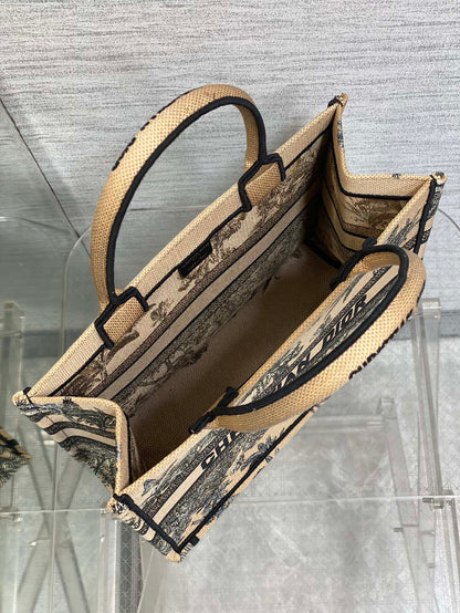CD Medium Dior Book Tote Tropical Pattern Black Beige Cotton