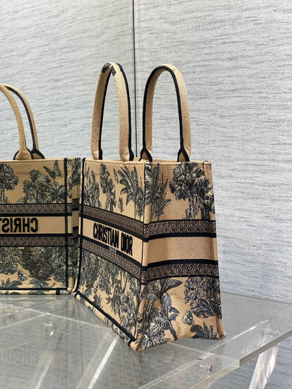 CD Medium Dior Book Tote Tropical Pattern Black Beige Cotton