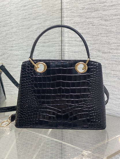 CD 26SS Bow-Adorned Bag Black Glossy Crocodile Pattern Embossed Calfskin 272521