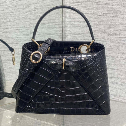 CD 26SS Bow-Adorned Bag Black Glossy Crocodile Pattern Embossed Calfskin 272521