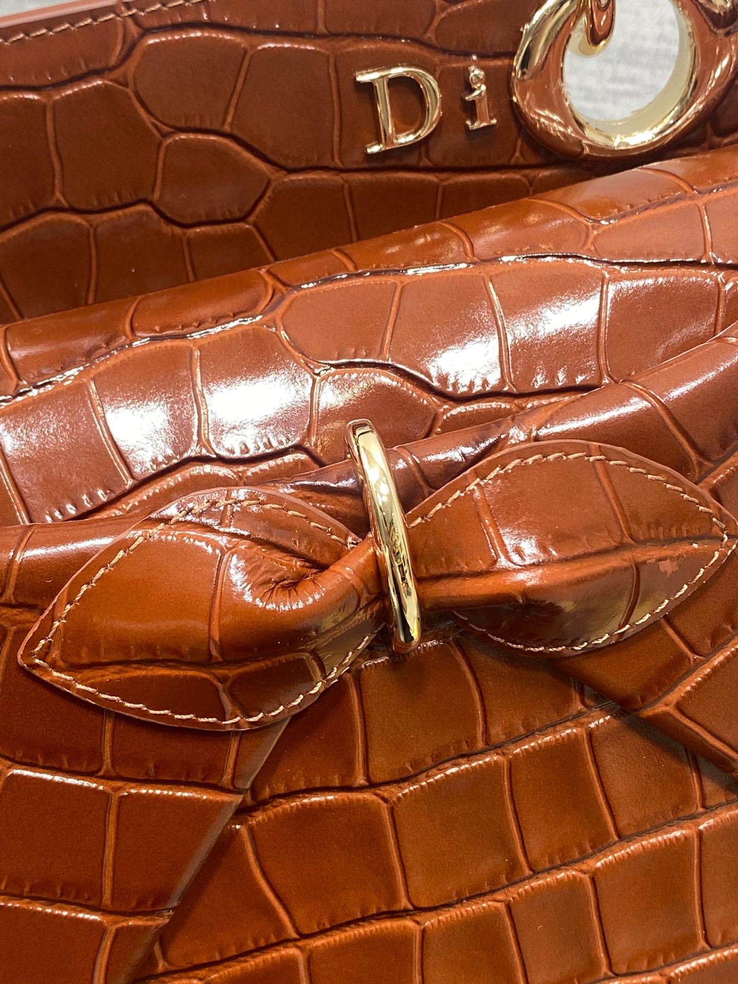 CD 26SS Bow-Adorned Bag Brown Glossy Crocodile Pattern Embossed Calfskin 272523