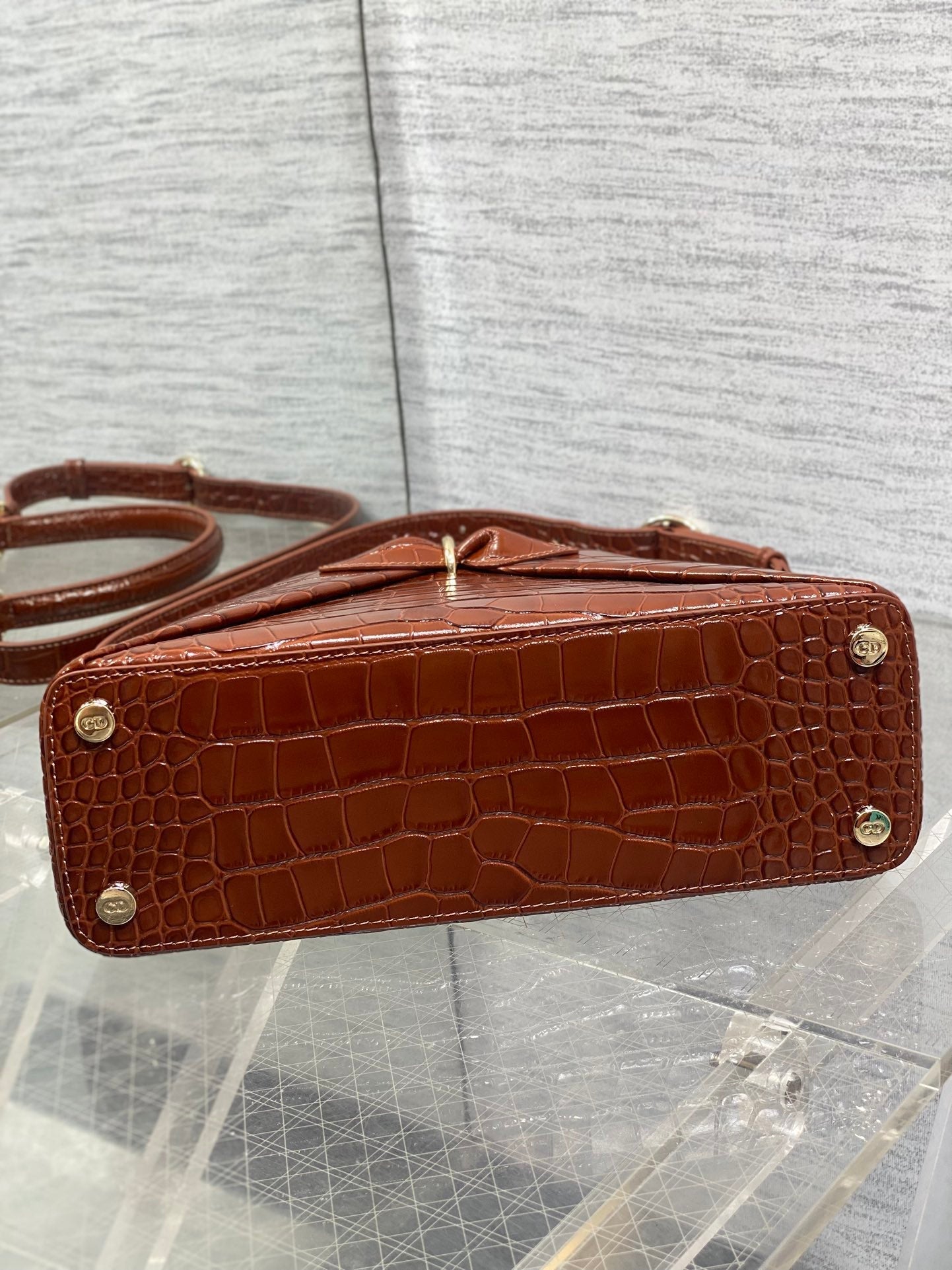 CD 26SS Bow-Adorned Bag Brown Glossy Crocodile Pattern Embossed Calfskin 272523
