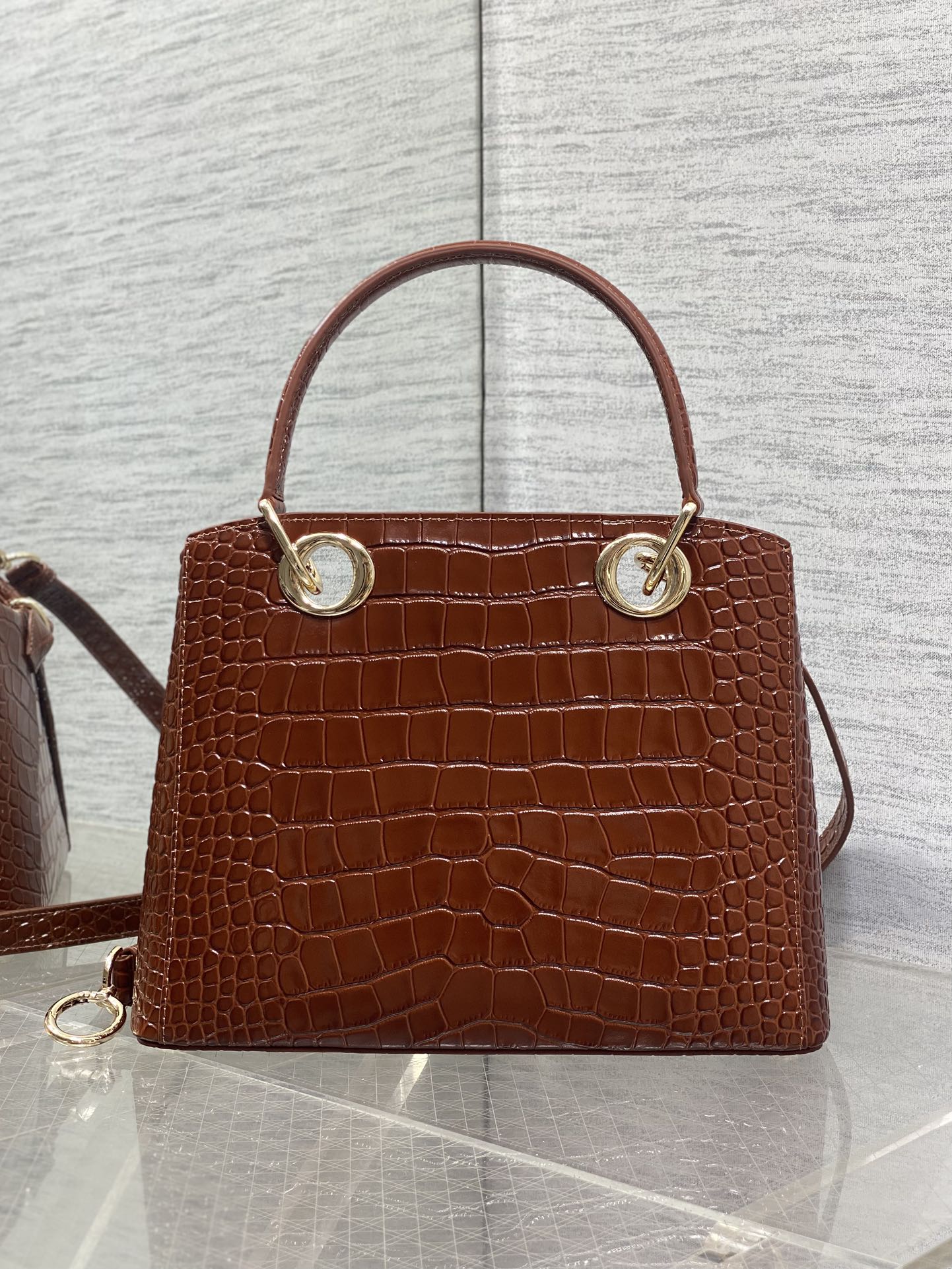 CD 26SS Bow-Adorned Bag Brown Glossy Crocodile Pattern Embossed Calfskin 272523
