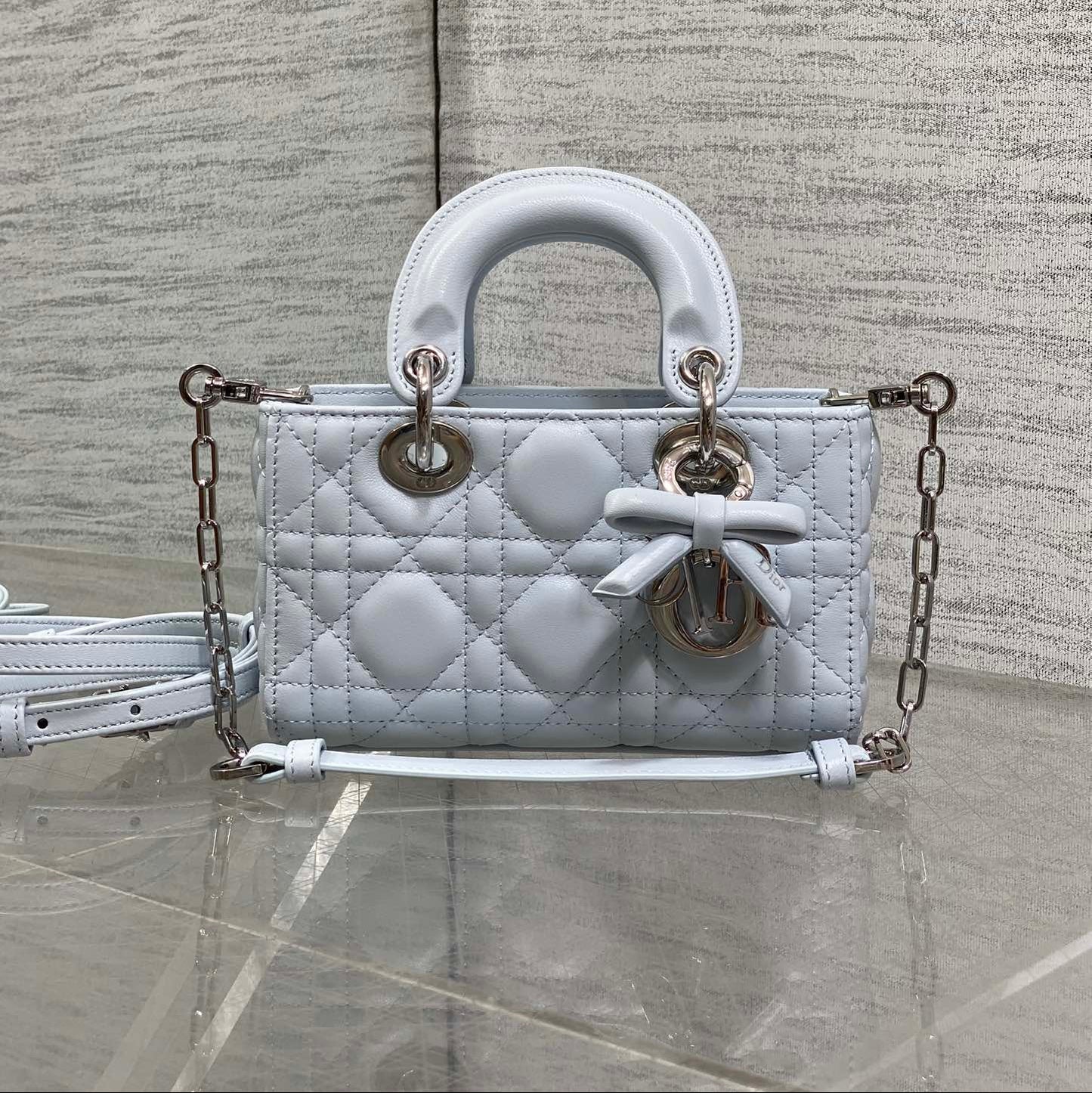 Dior 2026 Bow D-Joy Micro Bag 16cm Glacier Blue Lambskin