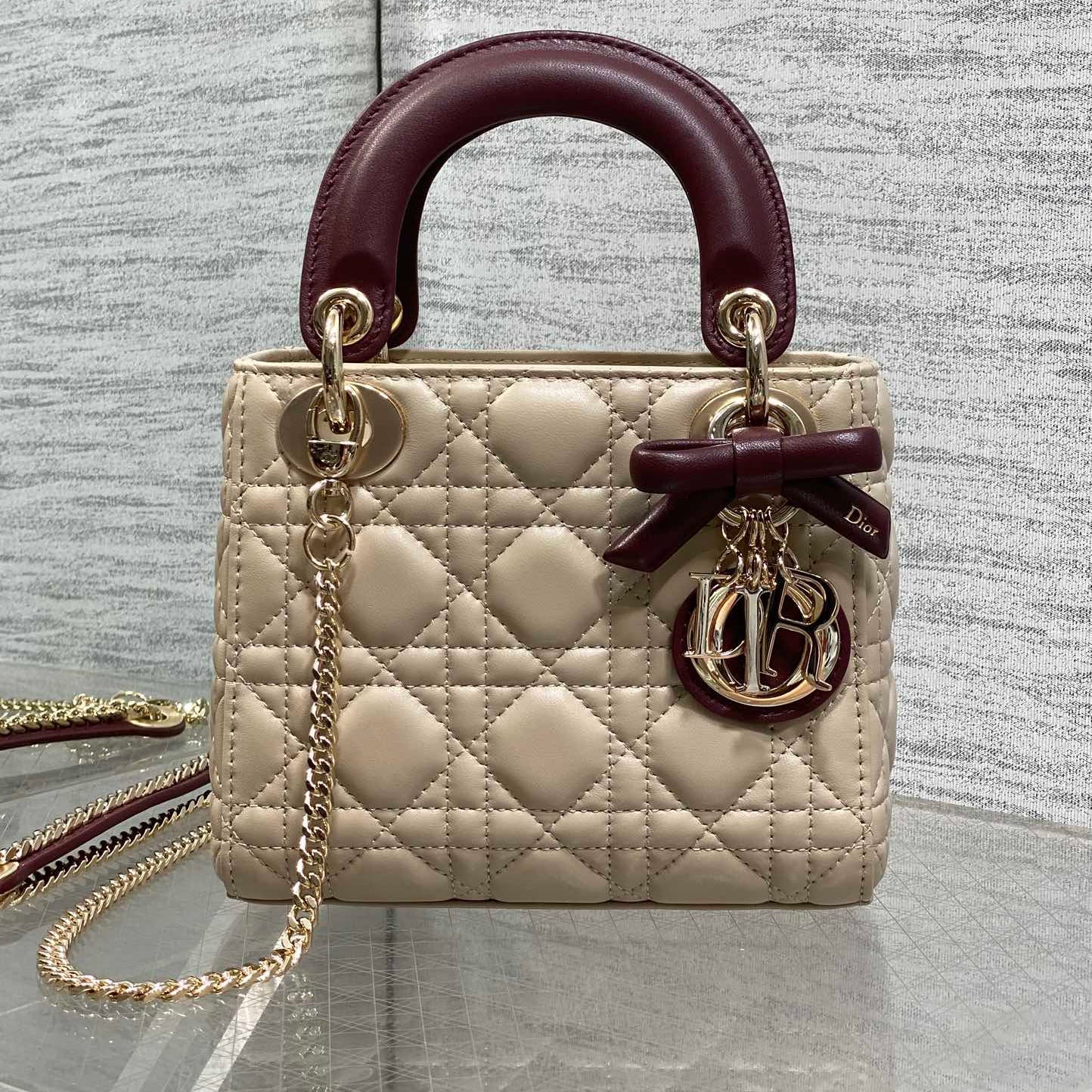 Dior 2026 Mini Lady Dior Bag Beige Burugndy Lambskin 286583