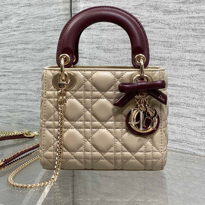Dior 2026 Mini Lady Dior Bag Beige Burugndy Lambskin 286583