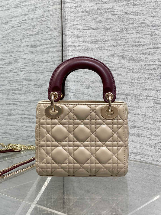 Dior 2026 Mini Lady Dior Bag Beige Burugndy Lambskin 286583