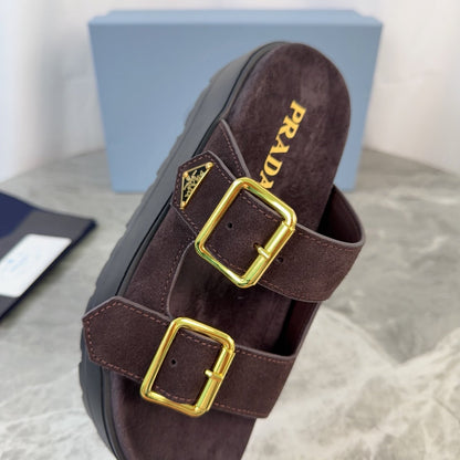 Prada 2026 Fussbett Flatform Slide Sandal Dark Brown Black Suede Leather 707697
