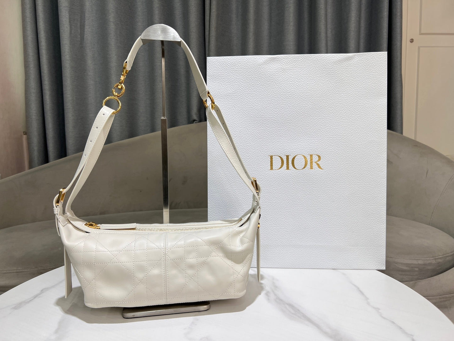 CD Jacquard Hobo Bag 23 With Chain White Calfskin