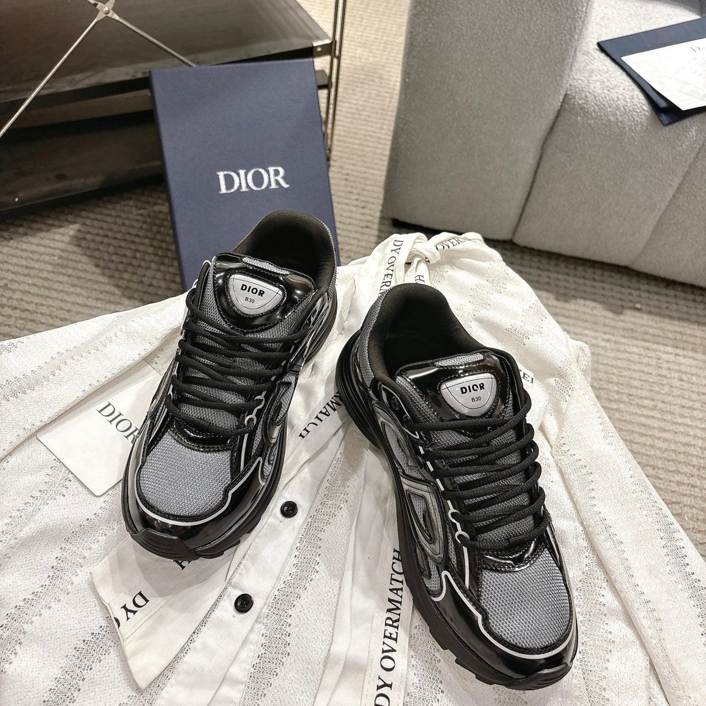 CD B30 Sneakers Patent Black Silver Gray Technology Fabric 438320