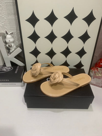 Chanel 2026 Camellia Flip-Flops Patent Calfskin 802344