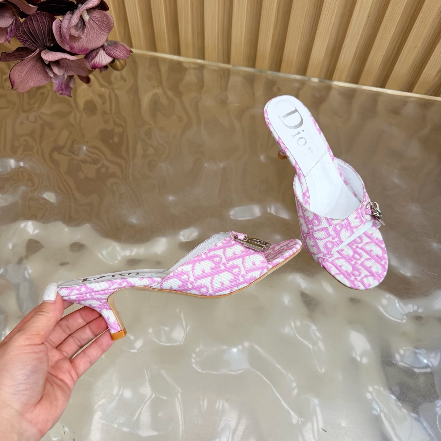 CD Half-Length Mule Heels White Pink Denim Leather 884811