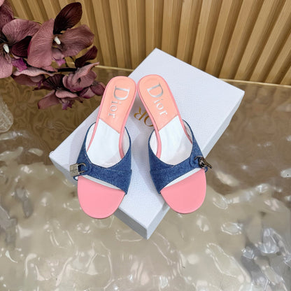 CD Half-Length Mule Heels Blue Pink Denim Leather 884812