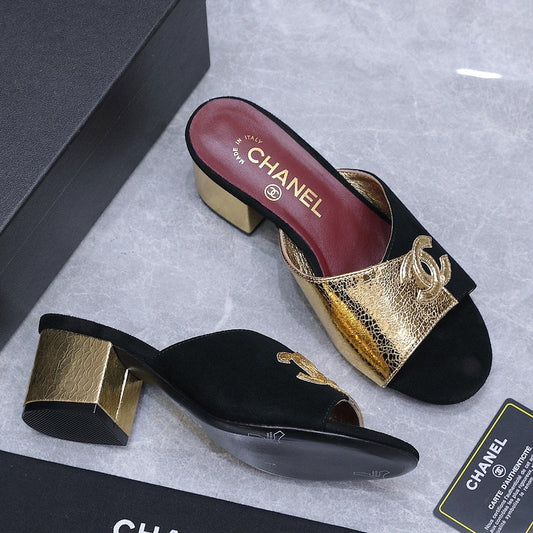 Chanel 2026 High-Heeled Sandals Black Gold Suede Leather 758417