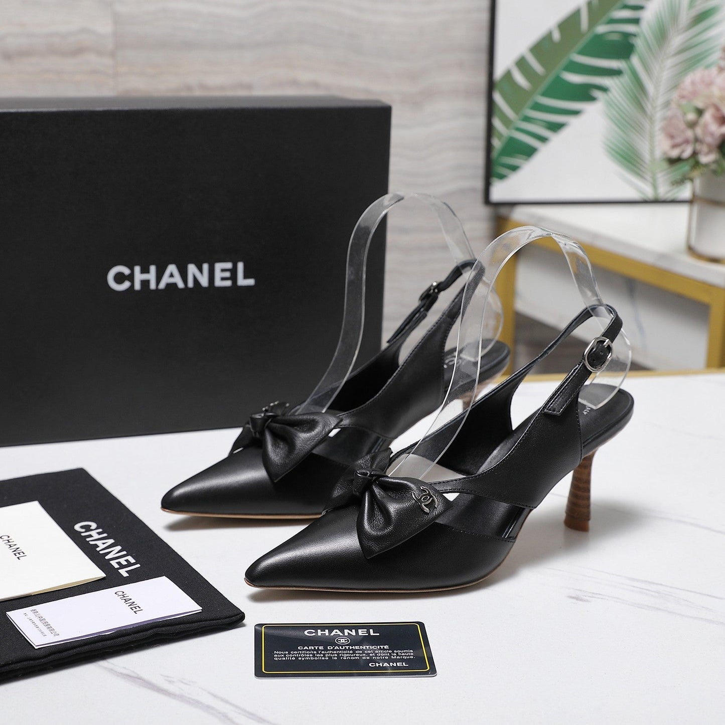 Chanel 2026 Bow Strappy High-Heeled Slingback 80mm Black Cowhide 758438