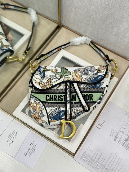 CD Saddle Bag 25.5cm Black Green White Butterfly Embroidery Canvas