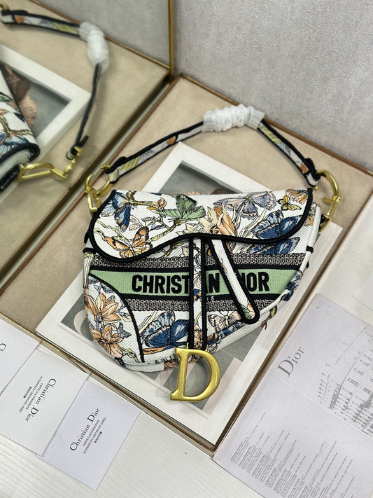CD Saddle Bag 25.5cm Black Green White Butterfly Embroidery Canvas