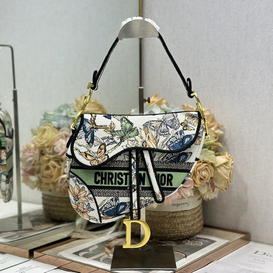 CD Saddle Bag 25.5cm Black Green White Butterfly Embroidery Canvas