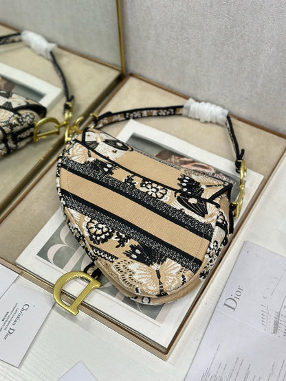 Dior 2026 Butterfly Motifs Saddle Bag 25.5cm Light Brown mix Black Canvas 289476