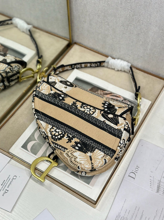 Dior 2026 Butterfly Motifs Saddle Bag 25.5cm Light Brown mix Black Canvas 289476