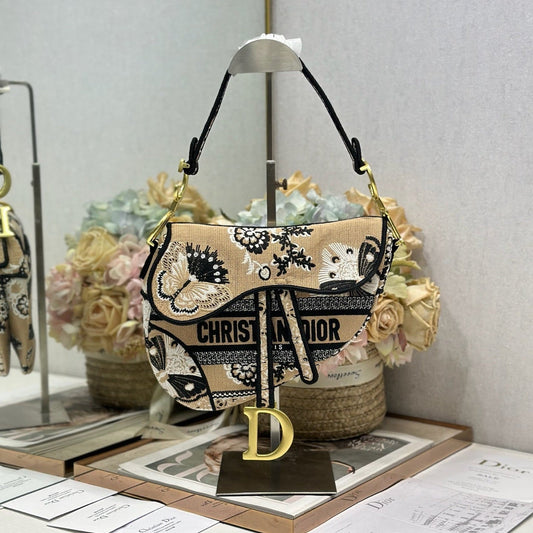 CD Saddle Bag 25.5cm Black Beige Butterfly Embroidery Canvas