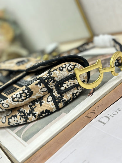 CD Saddle Bag 25.5cm Black Beige Butterfly Embroidery Canvas