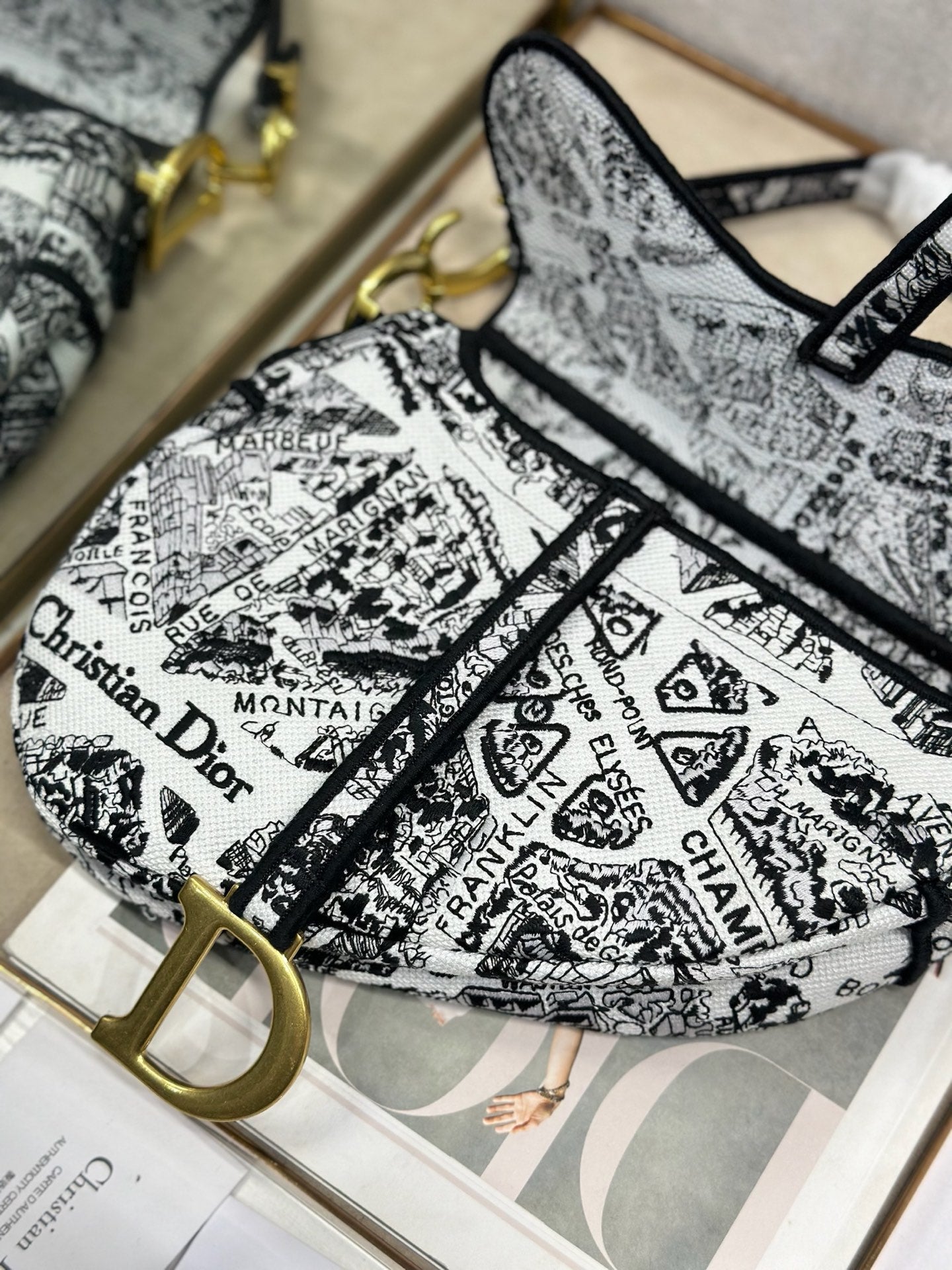CD Saddle Bag 25.5cm Black White Plan de Paris printed Canvas