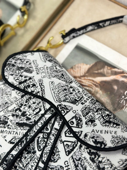 CD Saddle Bag 25.5cm Black White Plan de Paris printed Canvas