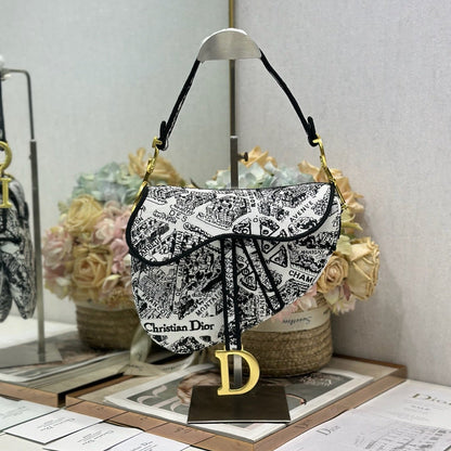 CD Saddle Bag 25.5cm Black White Plan de Paris printed Canvas
