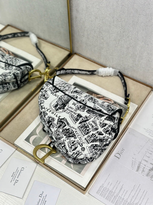CD Saddle Bag 25.5cm Black White Plan de Paris printed Canvas