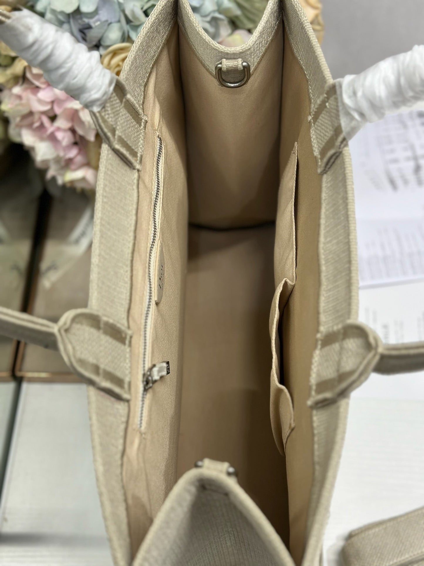 CD Book Tote Beige Embroidery and White Woven Grosgrain Ribbon