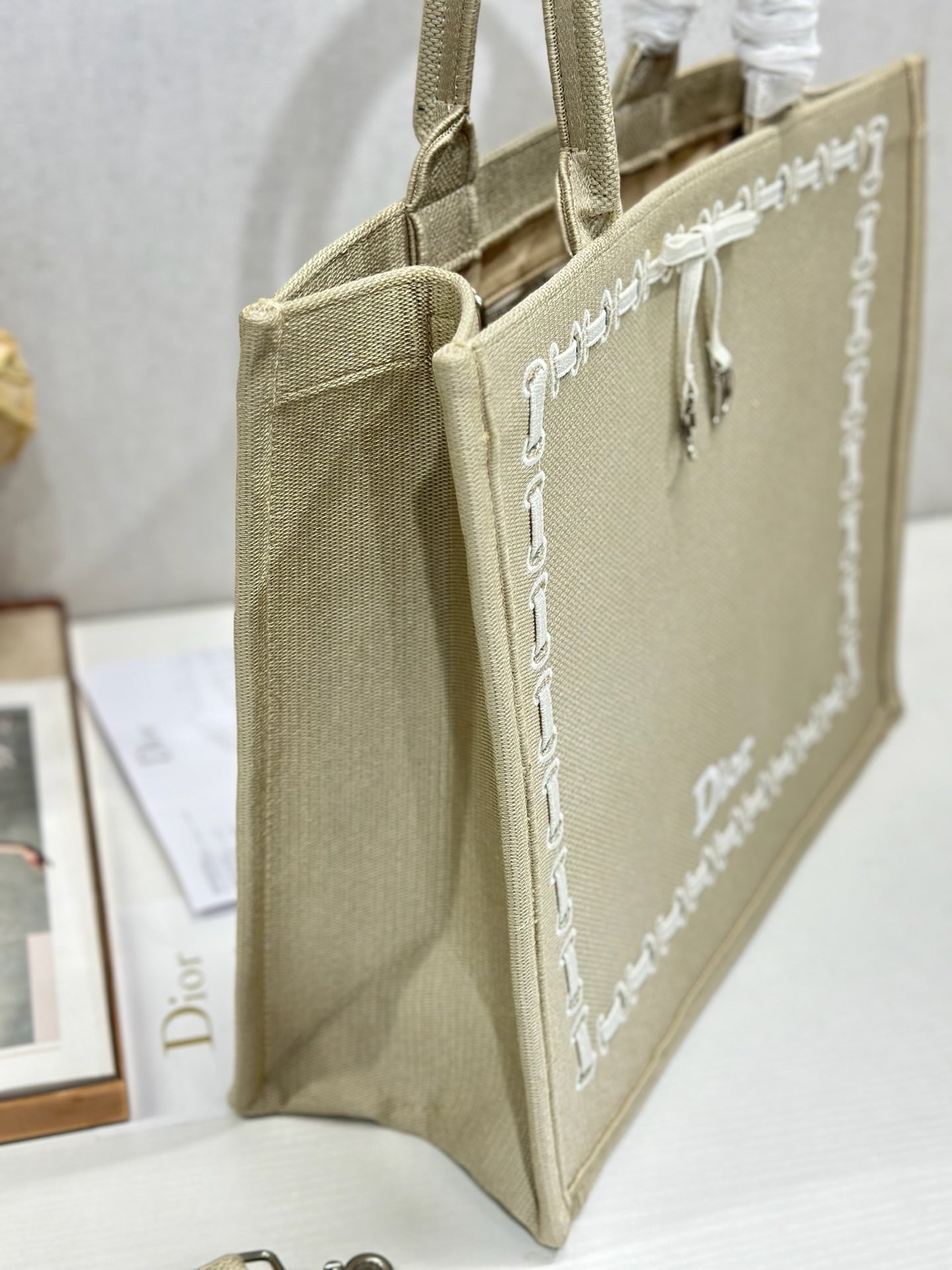 CD Book Tote Beige Embroidery and White Woven Grosgrain Ribbon