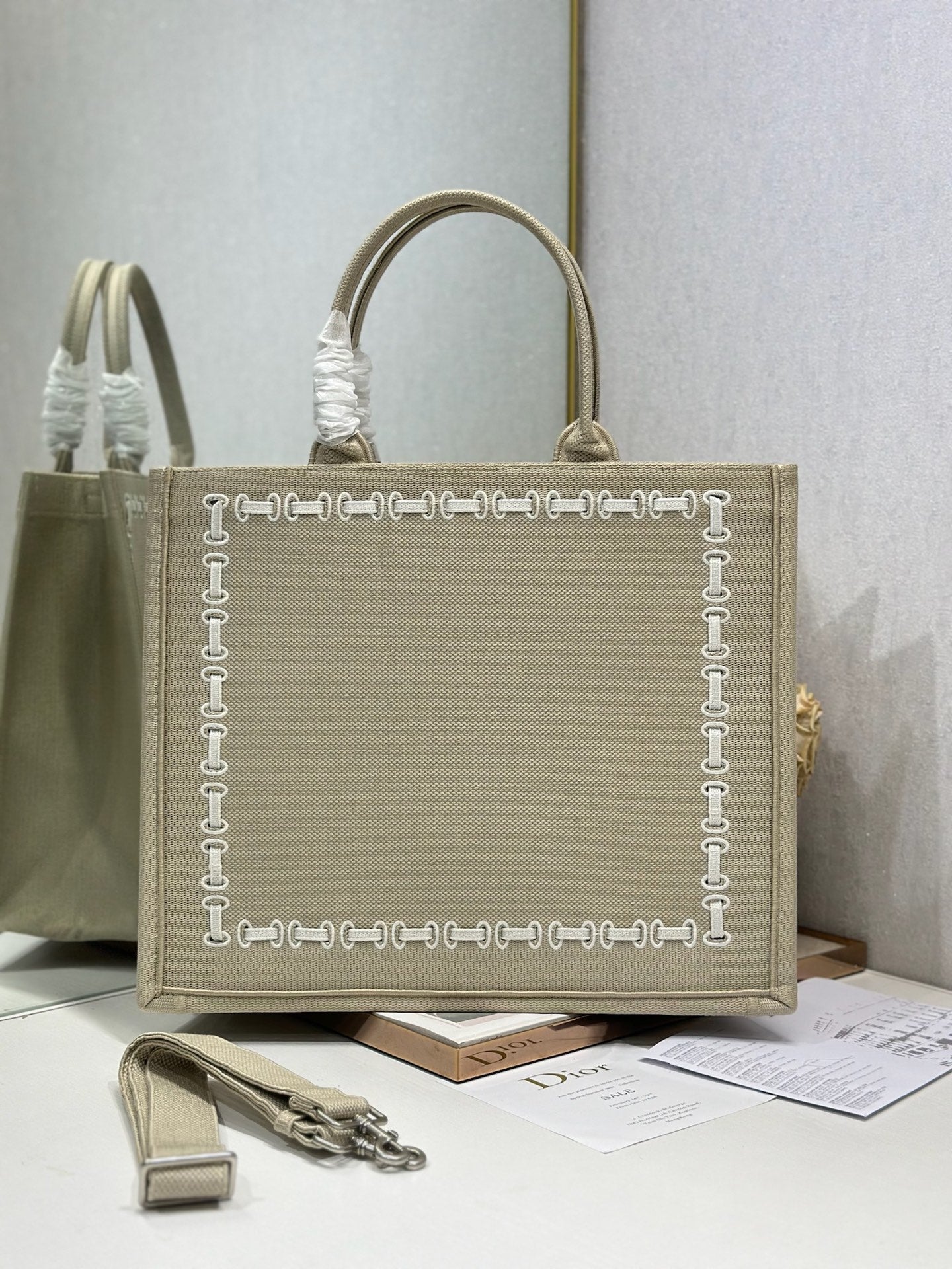 CD Book Tote Beige Embroidery and White Woven Grosgrain Ribbon