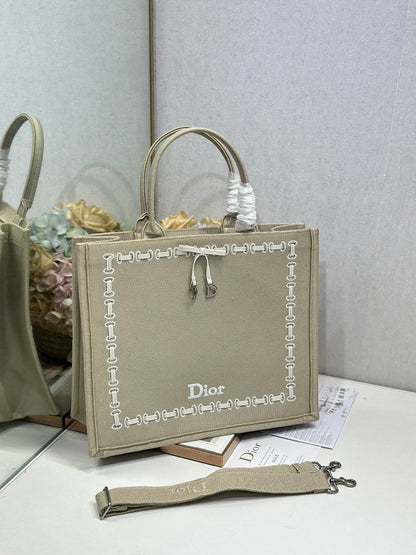 CD Book Tote Beige Embroidery and White Woven Grosgrain Ribbon