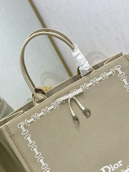 CD Book Tote Beige Embroidery and White Woven Grosgrain Ribbon