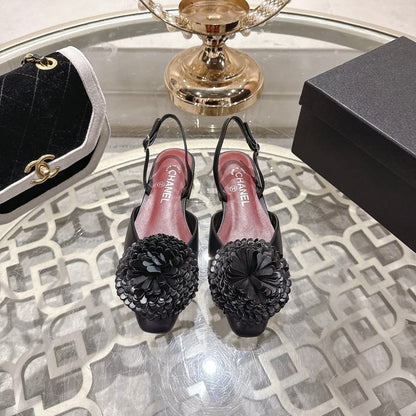 CC 26s Floral Backless Sandals Black Sheepskin 627019