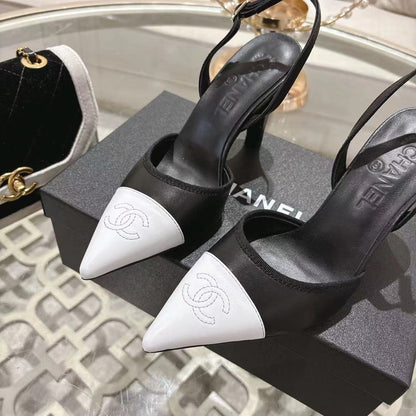 Chanel 2026 Pointed-Toe High-Heeled Sandal Black White Sheepskin 634229