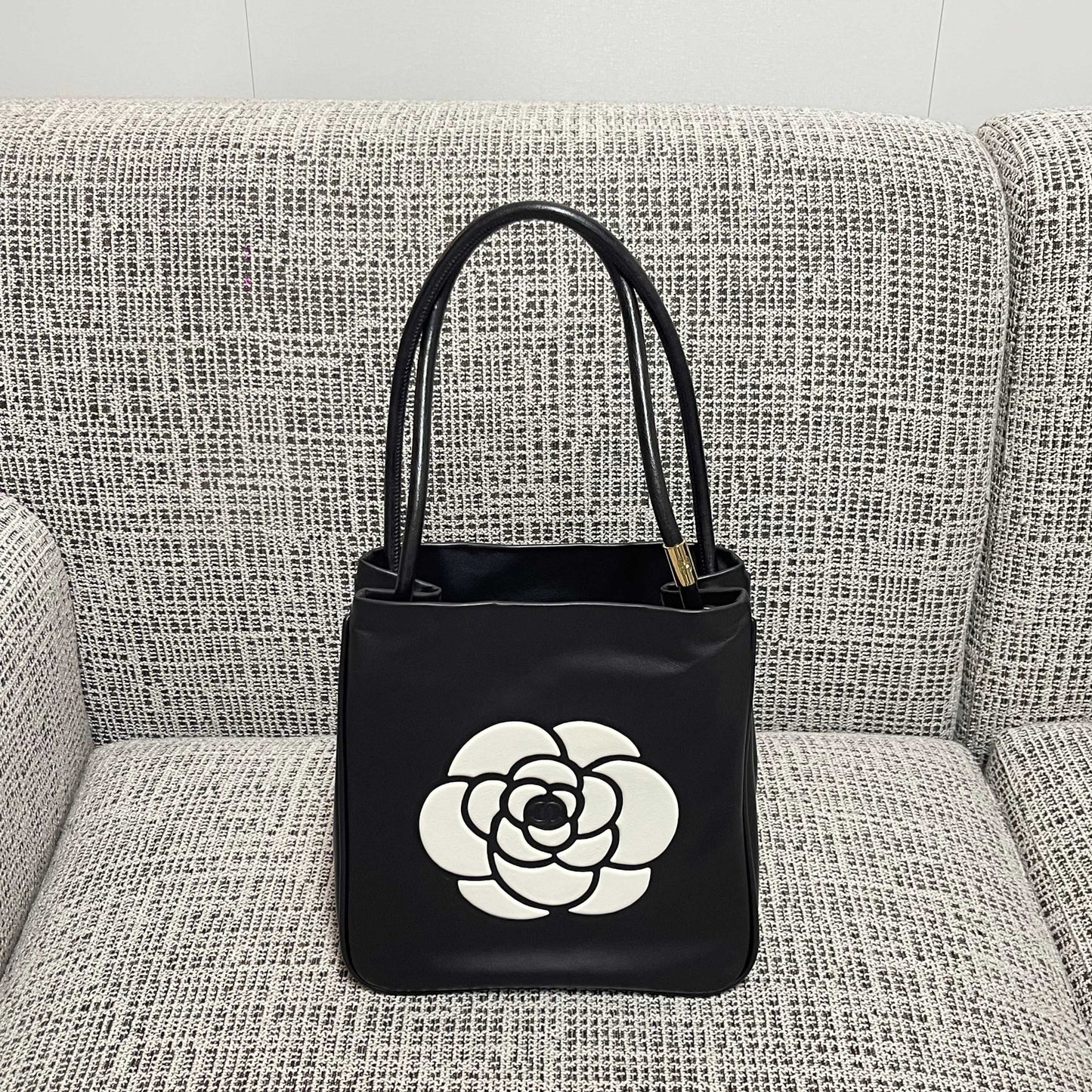 Chanel 2026 Camellia Letter Reversible Tote Bag 25cm Black White Leather