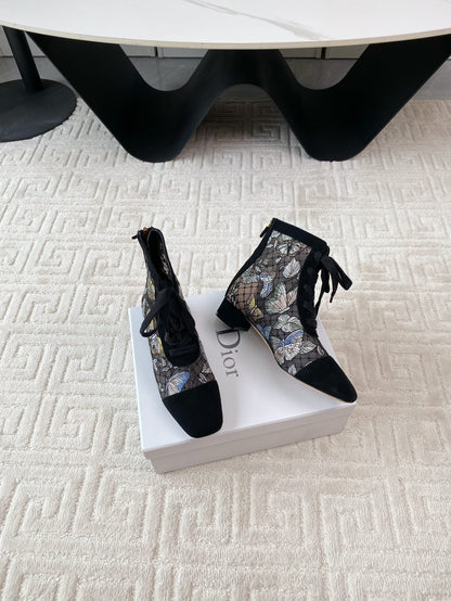 CD Naughtily-D Heeled Ankle Boot Black Mix Yellow Blue Transparent Mesh Butterfly And Suede