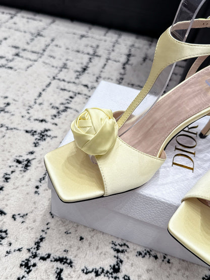 CD 26s Floral High-Heeled Sandals 9cm Light Yellow Satin 908243