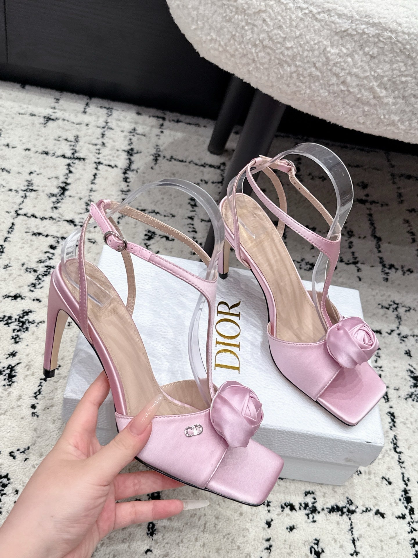 CD 26s Floral High-Heeled Sandals 9cm Light Pink Satin 908245