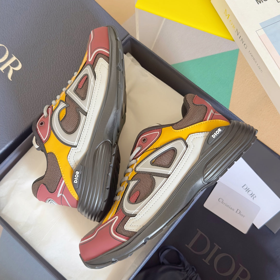 CD B30 Sneaker 35mm Brown Red Mix Yellow White Polyester Mesh Fabric And Calfskin