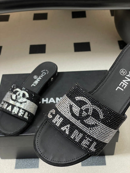 CC 26s Flat Sandals Black Sheepskin Rhinestones 649516