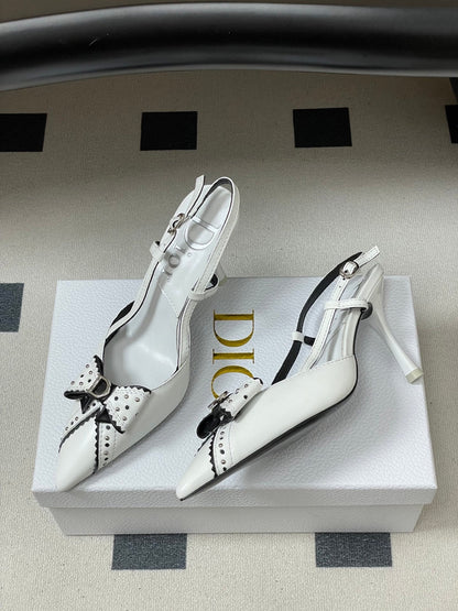 CD 26 D'Trick Slingback Heels 10cm White Bow Detail Sheepskin 632582